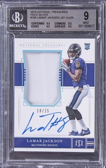 2018 National Treasures Holo Silver #165 Lamar Jackson Signed Patch Rookie Card (#18/25) - BGS MINT 9/BGS 10